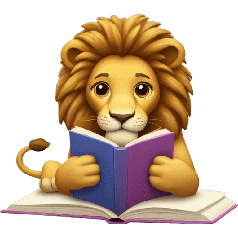 lion reading a colorful book emoji