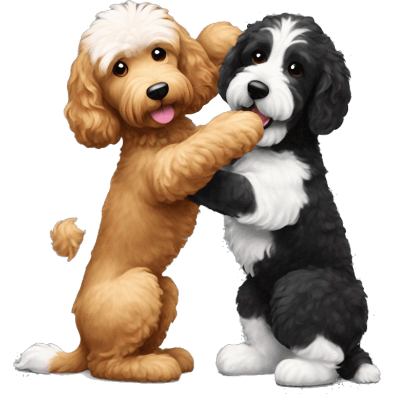 brown goldendoodle dog and black/white dog giving each other a high five emoji