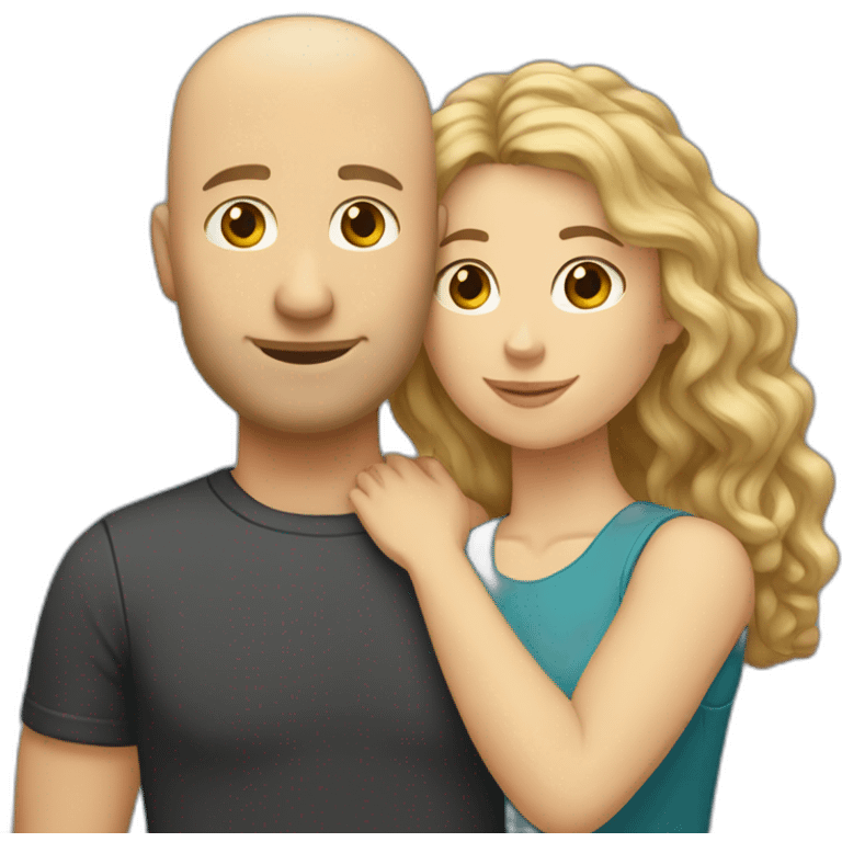 caucasian bald man and a caucasian woman with long curly dark hair and bangs hugging emoji