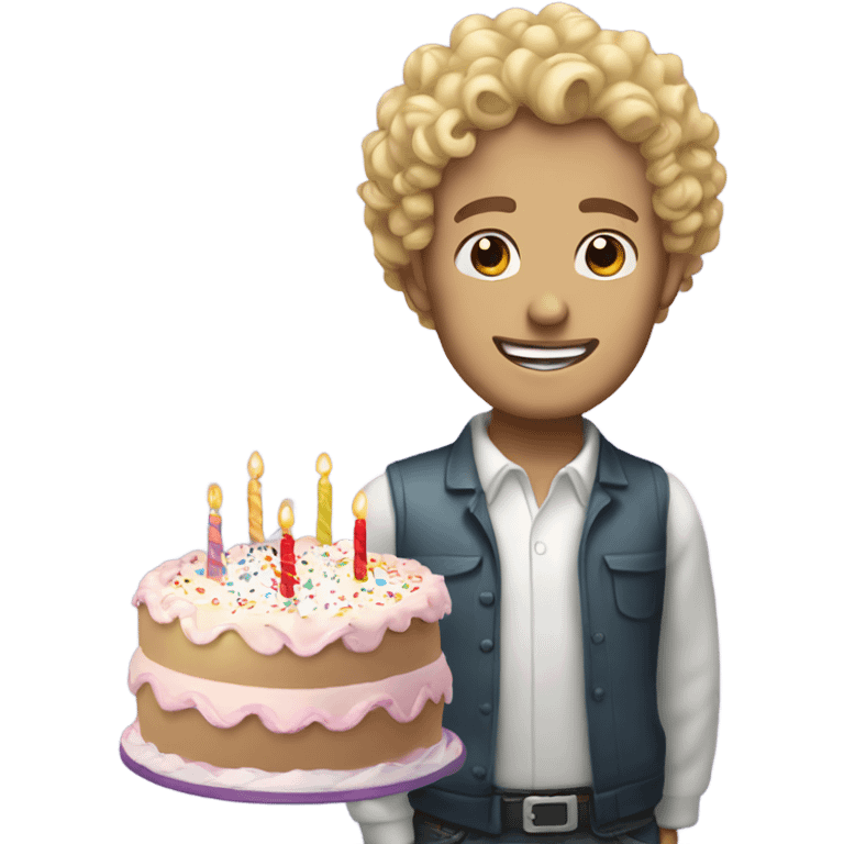  Blonde curly headed white man standing over a birthday cake emoji