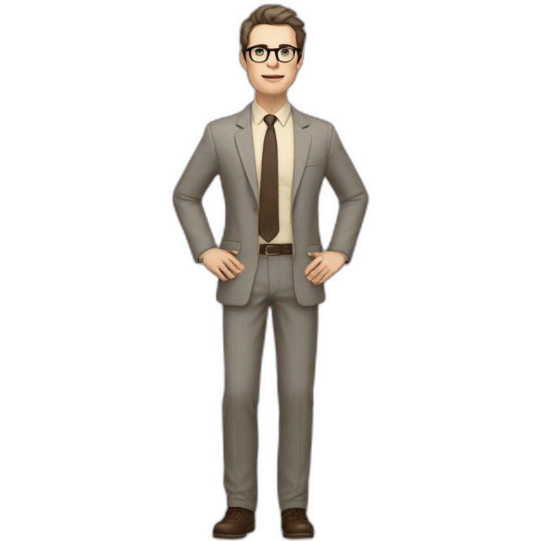 Full height Actively Gesturing Pale skinned fit man with dark brown hair in gray jacket, beige office shirt, brown tie, brown pants and vintage glasses. emoji