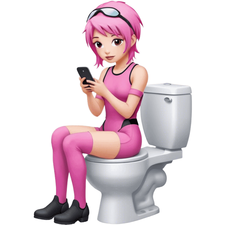 Pink haired female Jockey sat on the toilet with her mobile phone  emoji