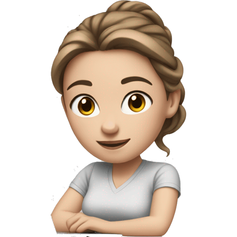 white girl at desk, brown hair, ponytail, blue eyes, computer, airpods emoji