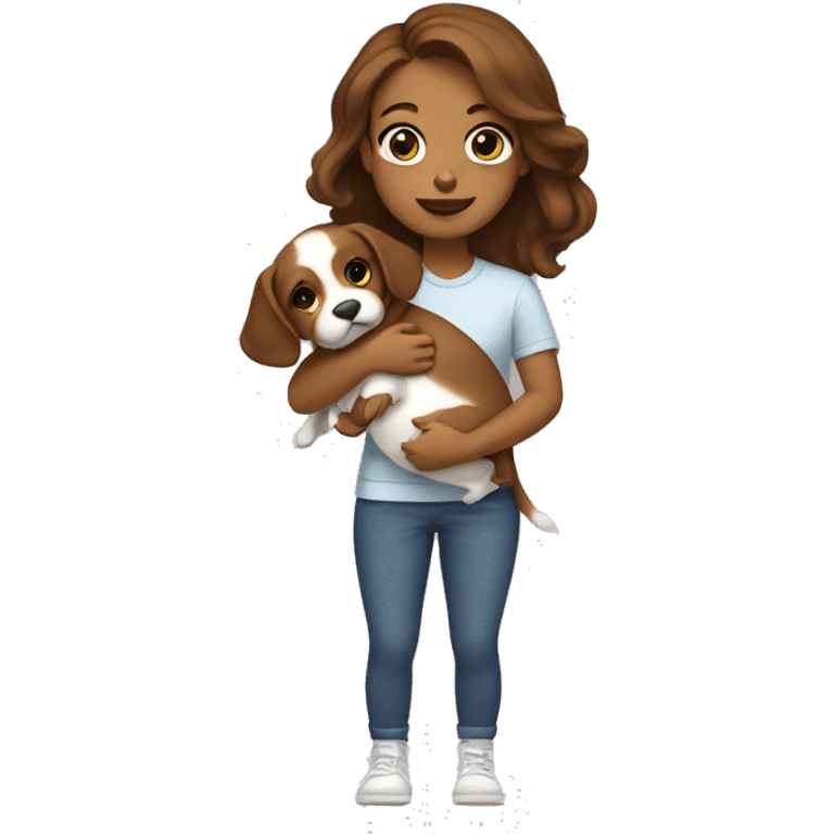 Girt with brown hair hold a little puppy in her arms emoji