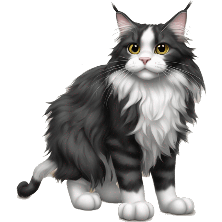 A black and white Maine Coon cat stands on the floor with his paws and holds a mouse in his hands emoji