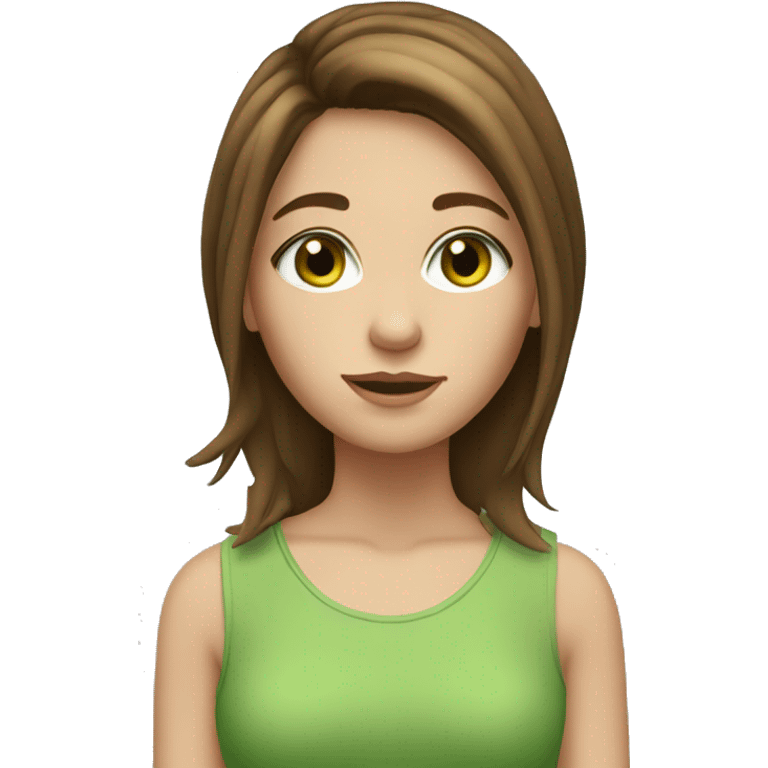 girl with brown middle length hair with layers, green eyes, freckles,  emoji