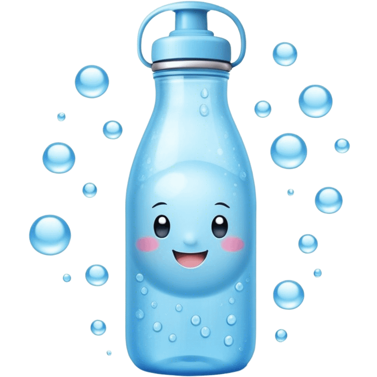 Cute Kawaii Water Bottle, round and bubbly, soft blue with tiny water droplets around, a happy smiling face, gentle glowing highlights, fresh and refreshing vibes! emoji