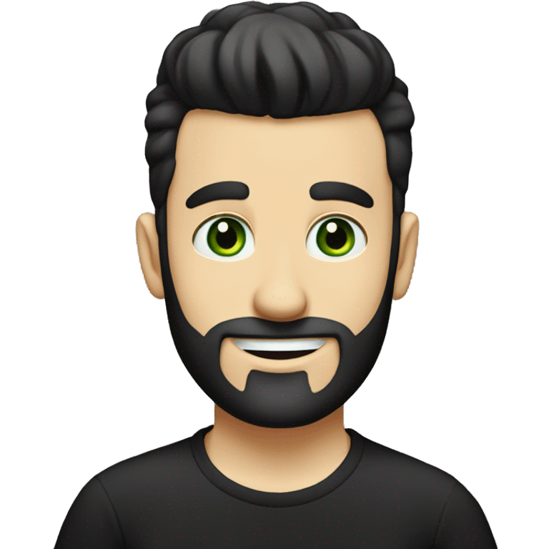 white man with short beard and a "top knot" black hair. Plain black tshirt. green eyes. neutral yet happy. emoji