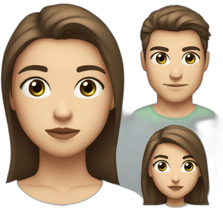 couple girl with guy, brown hair, athletic build, serious expression, full lips, the guy has blue eyes, the girl has gray-green eyes, the girl has long hair emoji