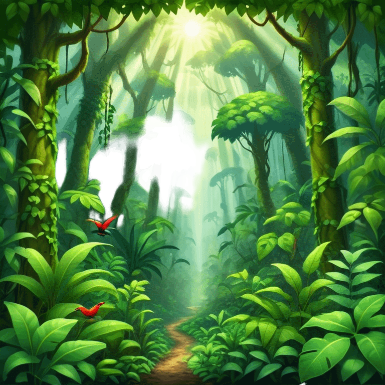 Cinematic Realistic Rainforest Emoji in a wooden frame, Lush and vibrant, filled with towering trees, thick vines, and dense green foliage, sunlight filtering through the canopy above, creating dappled patches of light on the rich, diverse undergrowth. The air is heavy with moisture, with mist rising from the forest floor and distant calls of exotic birds and animals echoing through the trees. Soft glowing outline, capturing the essence of a thriving, untamed tropical paradise filled with life! emoji