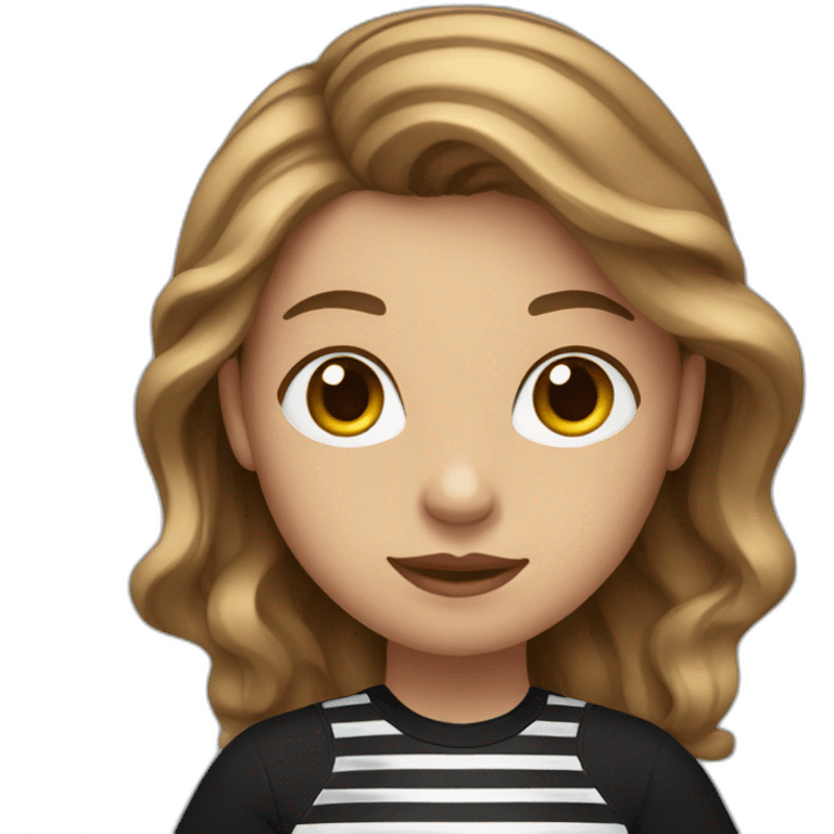 woman with long wavy light brown hair wearing black stripy t-shirt emoji