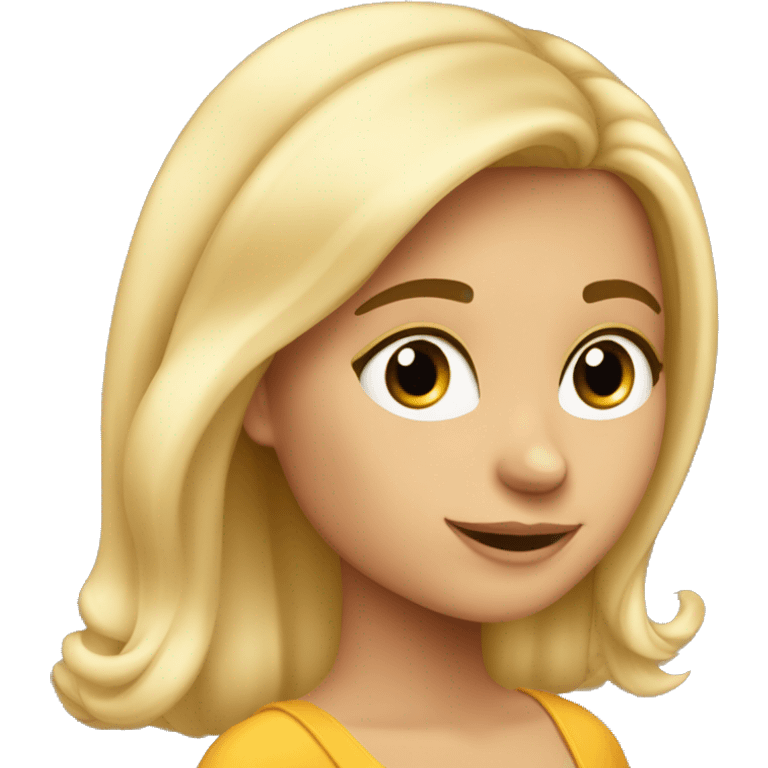 Una chica rubia con el pelo largo ondulado leyendo tranquilamente  emoji