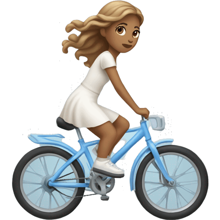 Girl riding very light blue bike, she is wearing white dress, she has long light brown hair and light skin emoji