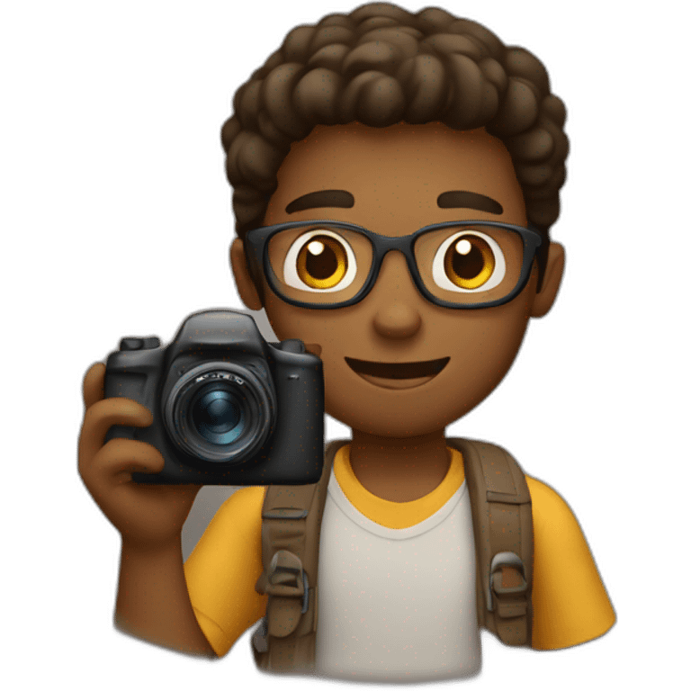 A brown young man with a camera taking a photo emoji