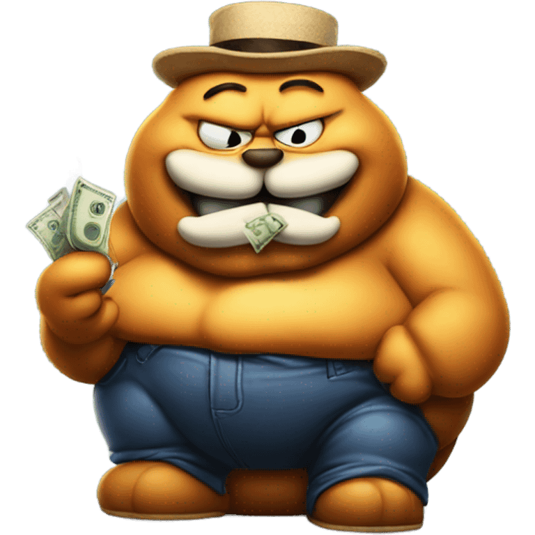 Fat Garfield smoking a cigar holding moneybags in an airbrush style  emoji