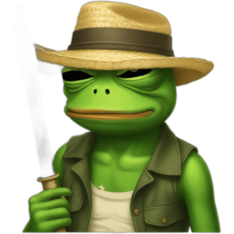 pepe frog holding katana with straw hat and he is sad  emoji