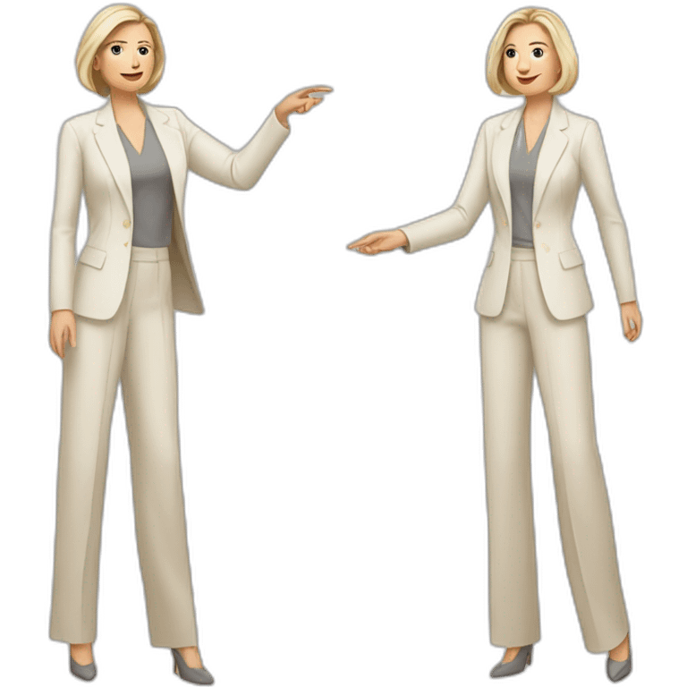 Full height Actively gesturing with hands pale skin woman with ash blonde Straightened bob Hair, White Spacious classical jacket, beige palazzo Arrow pants and gray blouse emoji