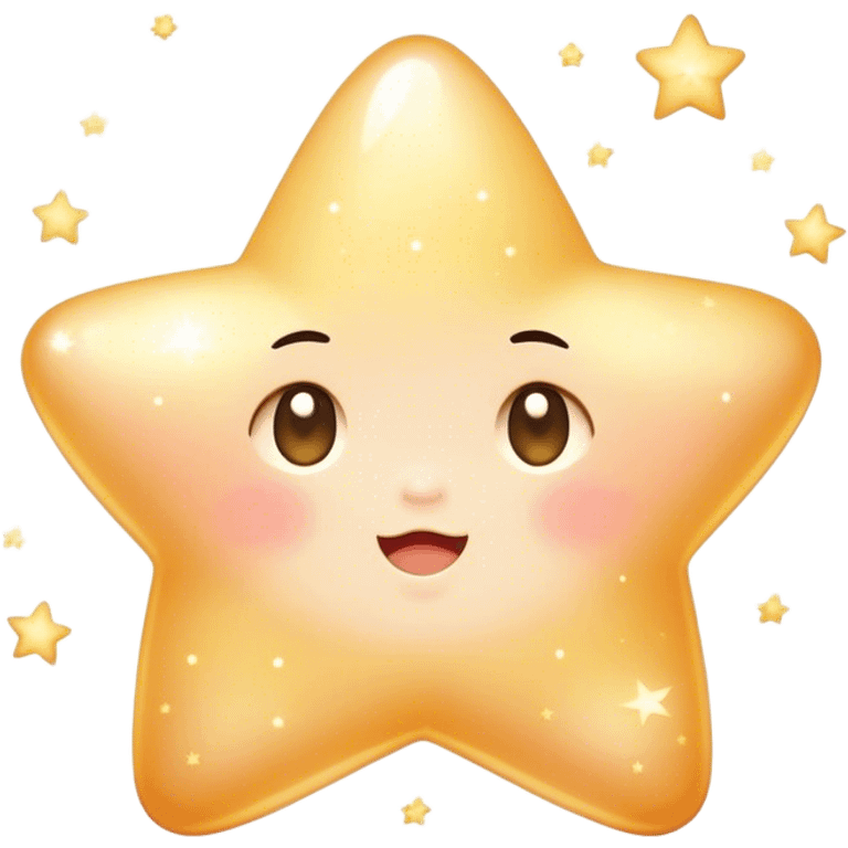 Cinematic cute sparkling star, chubby rounded edges, golden glow, tiny blushing cheeks, warm and gentle shine, twinkling softly in a pastel night sky. emoji