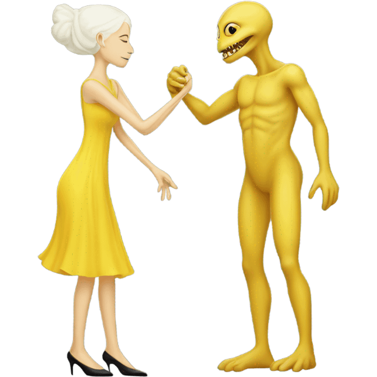 Alien reptilian woman in yellow dress, and, human white skin man in black dress, hugging emoji