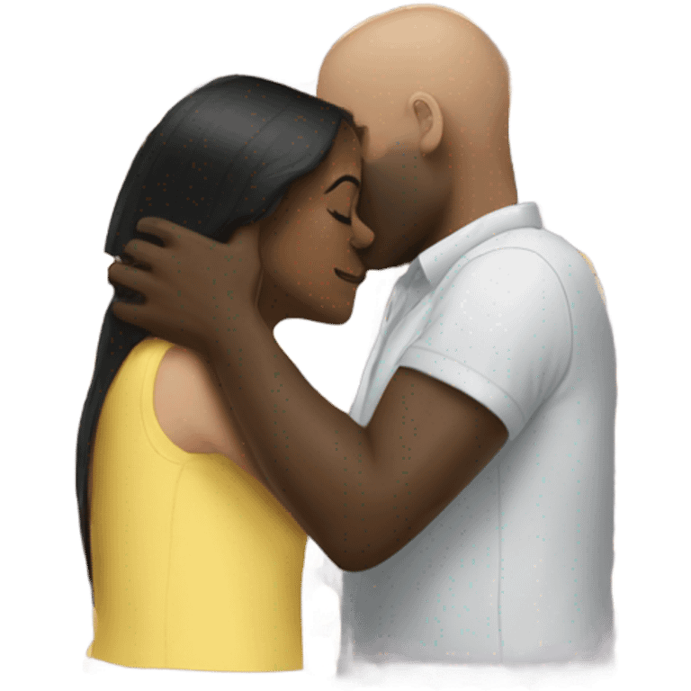 White girl dark hair kissing bald black man emoji