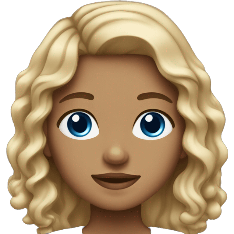 girl with brown and blonde highlights wavy hair blue eyes and classes emoji