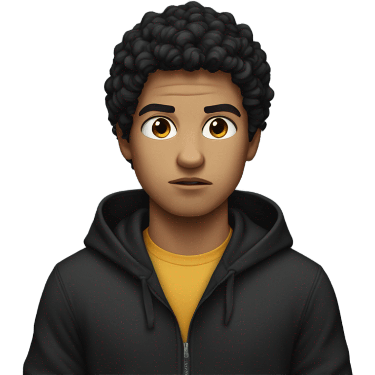 a young male with medium skin and curly black hair, wearing a black hoodie, angry expression  emoji