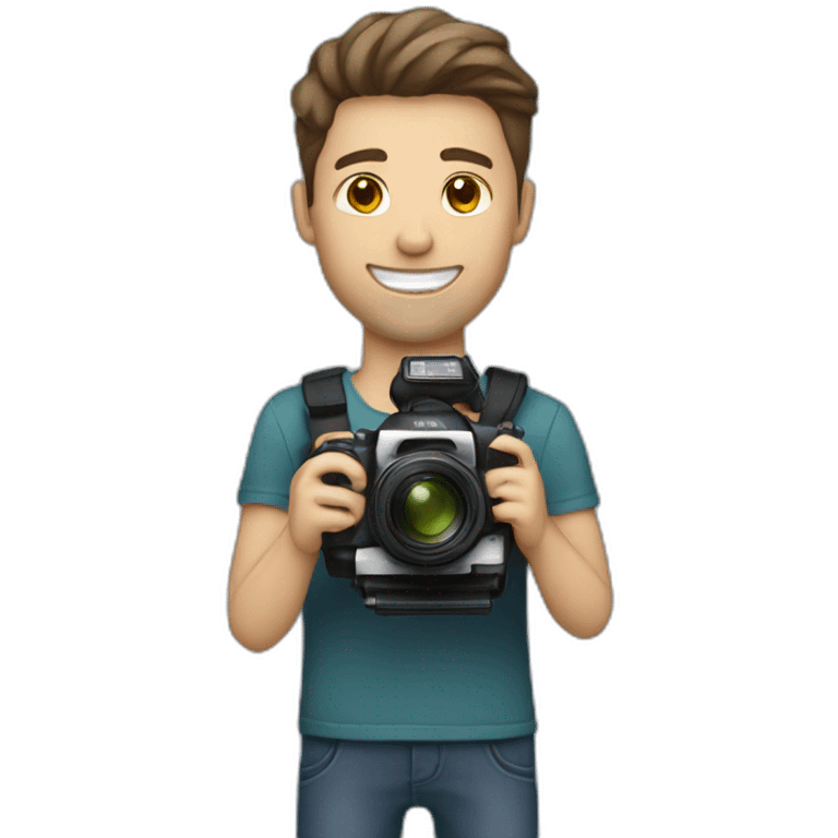 Male Photographer shaved Caucasian wavy hair brunette holding camera emoji