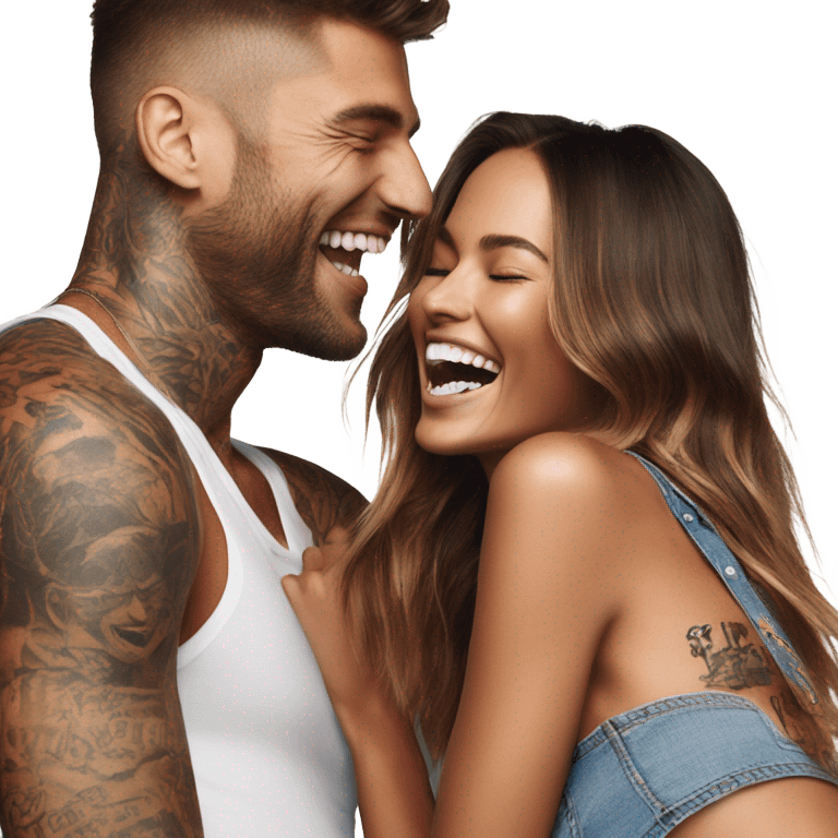 Photo of Victoria secret model laughing with a tattooed male model  emoji