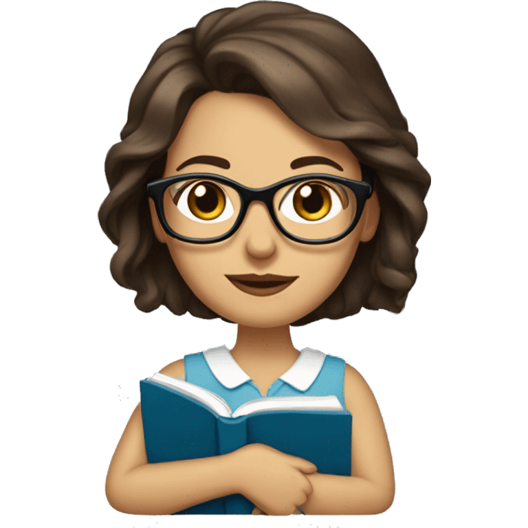 woman with glasses and and blue eyes and medium length brunette hair halding a book emoji