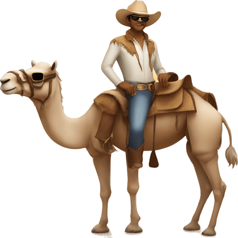 White cowboy with sunglasses smirk in a camel in the desert  emoji