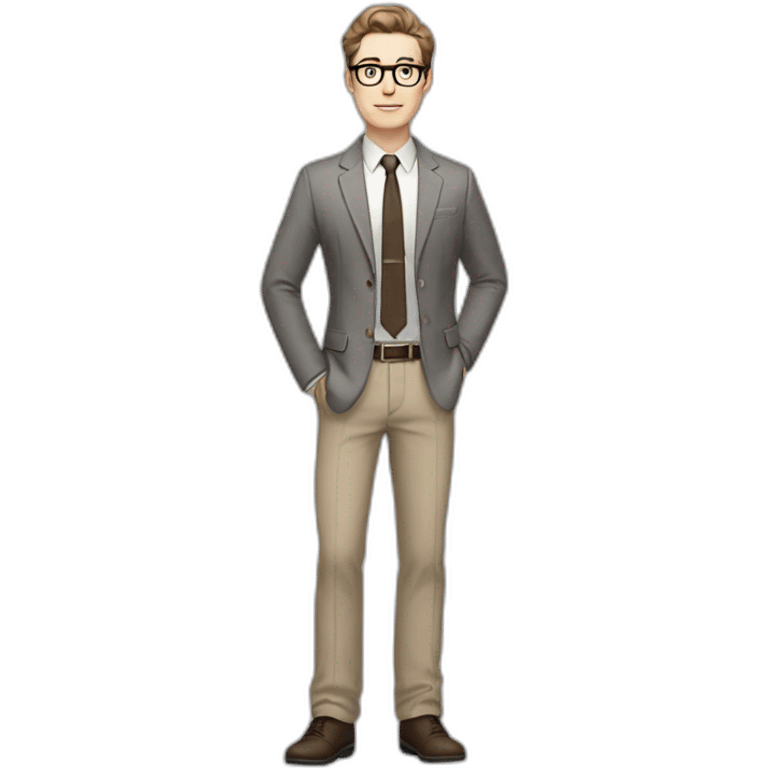 Full height Gesticulating Pale skinned fit man with dark brown hair in gray jacket, beige office shirt, brown tie, brown pants and vintage glasses. emoji