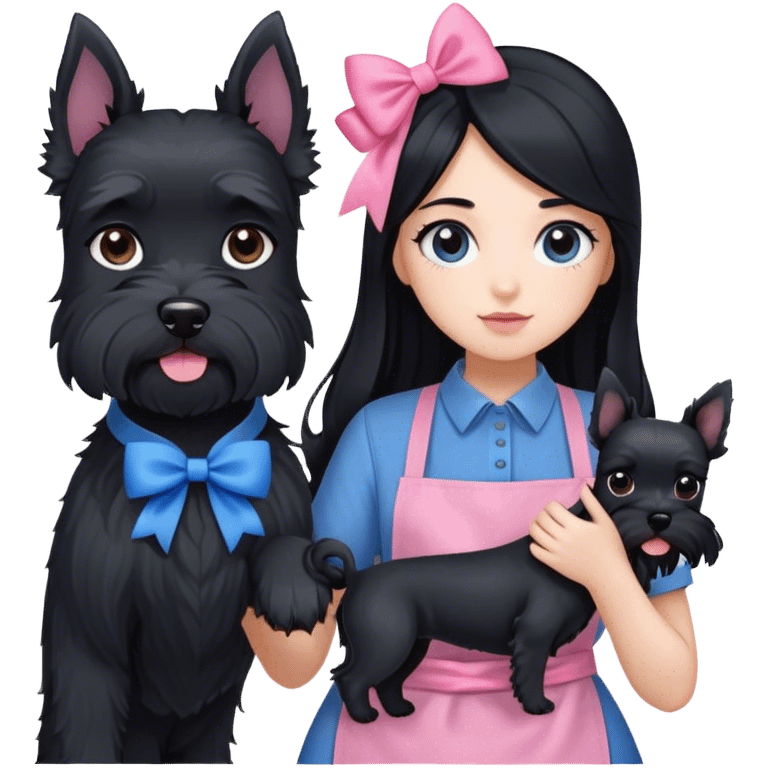 pale girl with LONG BLACK HAIR wearing black long shirt wearing blue apron holding black  schnauzer pink bow emoji