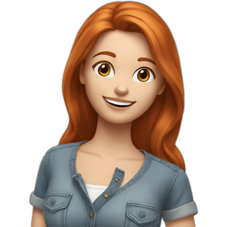 redhead white woman with medium long straight hair, greets smiling, wearing jeans and romantic blouse emoji