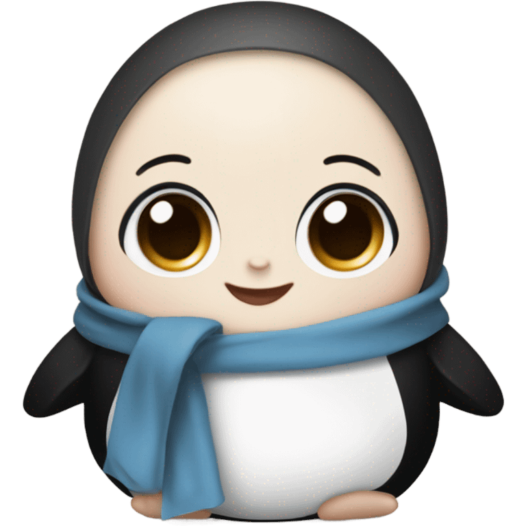 Infant girl blue eyes light brown hair fair skin in a penguin black and white swaddle emoji