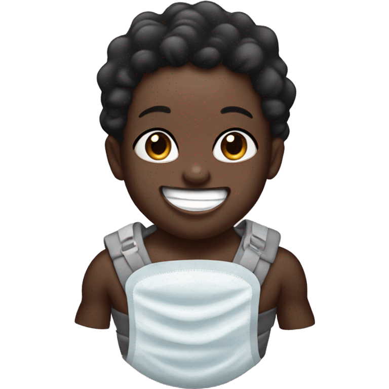 A black baby with a face mask and a iced out grill smiling  emoji