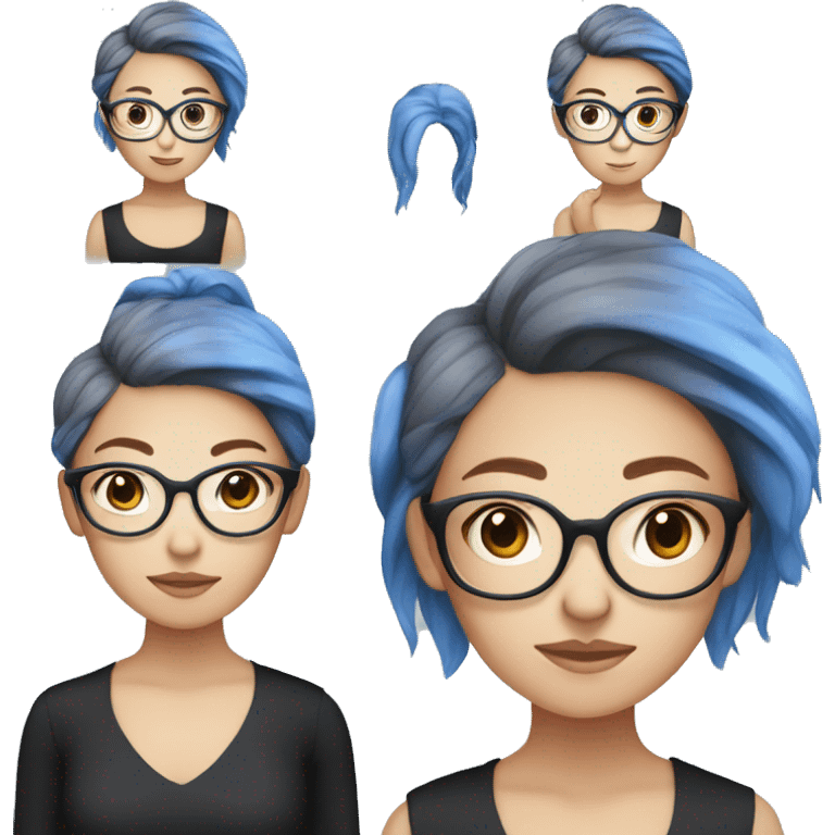 Asian girl with pink hair and blue tips in her hair wearing thin glasses and a black dress emoji