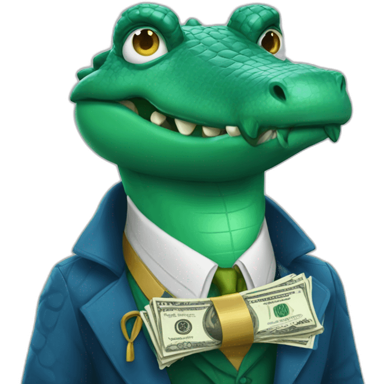 Professor crocodile wearing blue without hat with dollars cash emoji