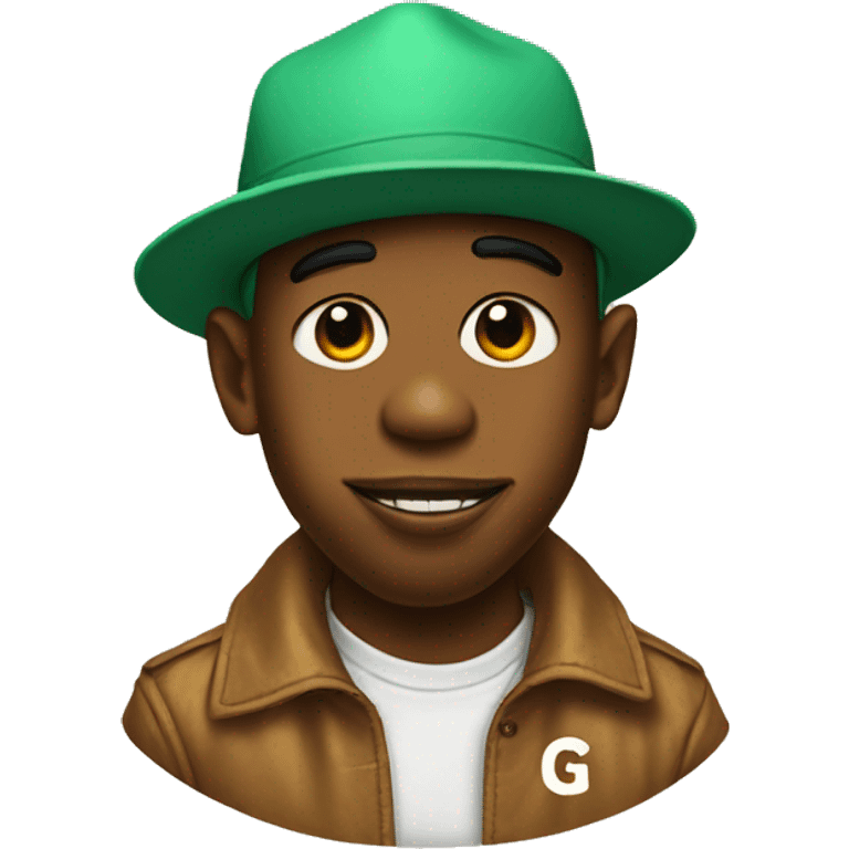 tyler the creator with a hat that has a "g" on it emoji