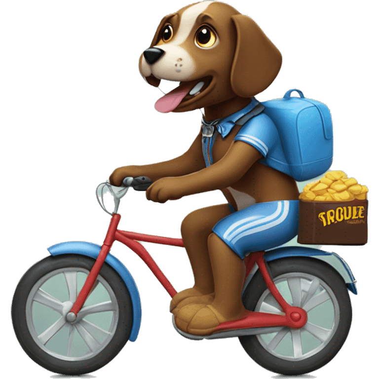  a dog riding a bike with a helmet on with a chocolate bar in his mouth with Slippers on emoji