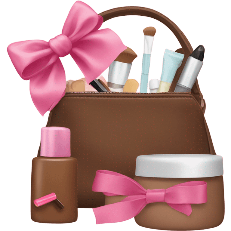 Brown cosmetic bag with cosmetics sticking out and a pink bow emoji