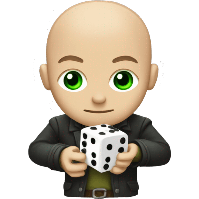 a guy with bald hair and green eyes with rpg dice in hands emoji