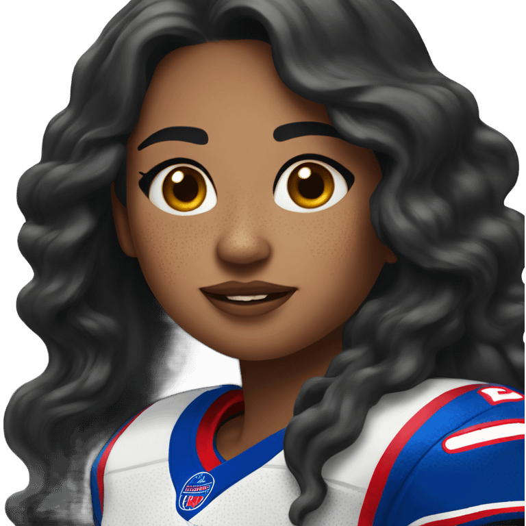 Girl with long black hair and freckles wearing buffalo bills jersey emoji