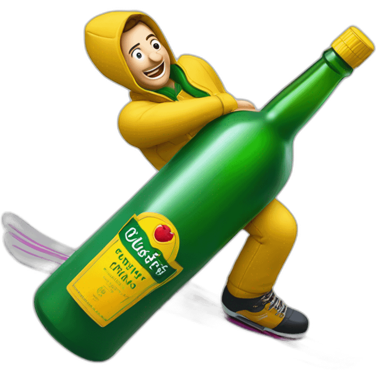 Man ski grinding over a giant green bottle of buckfast tonic wine with yellow label emoji