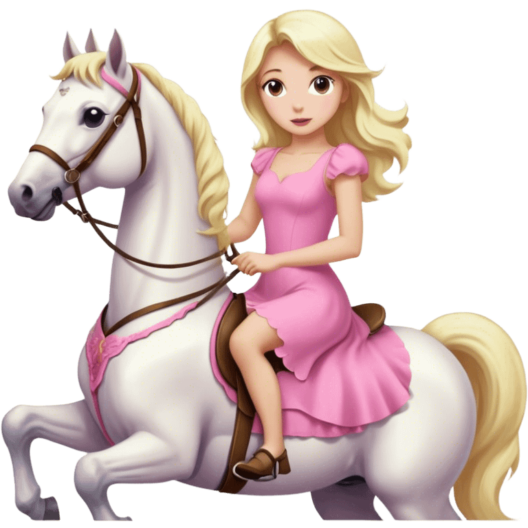 a blonde woman wearing pink dress and riding a white horse  emoji