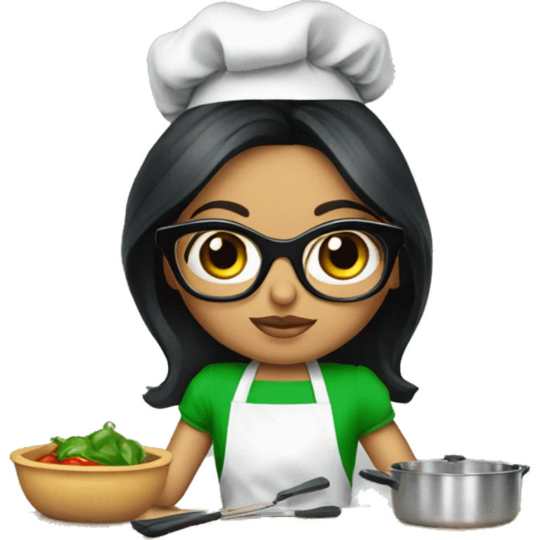 Mexican doll  big eyes green apron  with glasses cooking  emoji