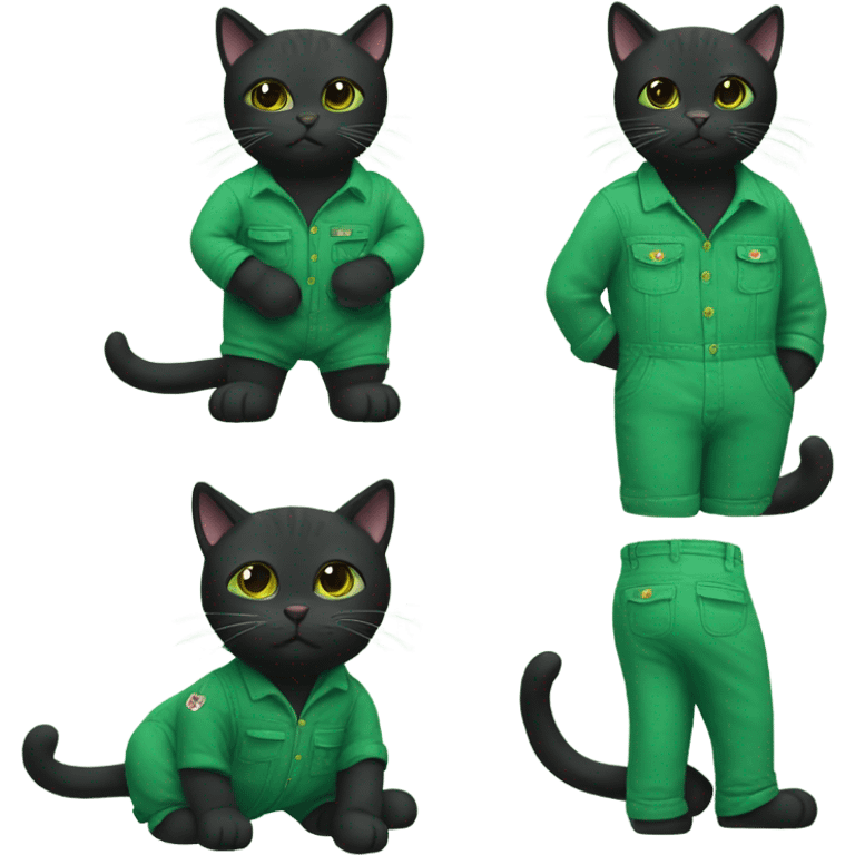 Black cat wearing green overalls with a button missing  emoji