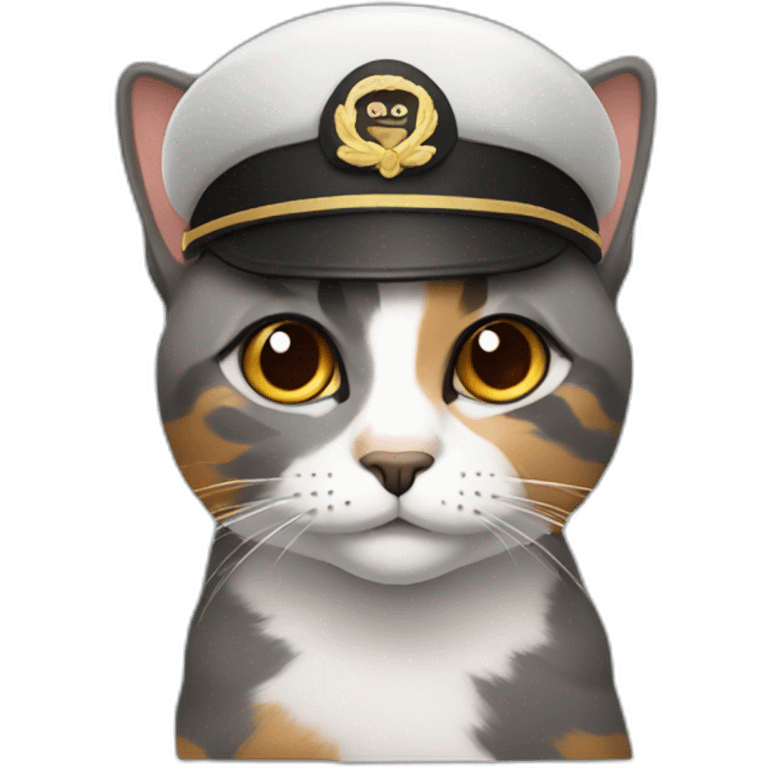 grey and brown calico cat wearing a pilot hat emoji