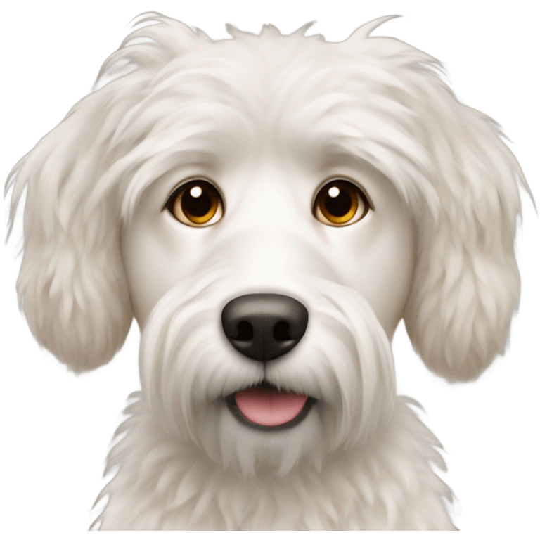 a white dog, messy white hair, light brown eyes, it's a patou mixed emoji