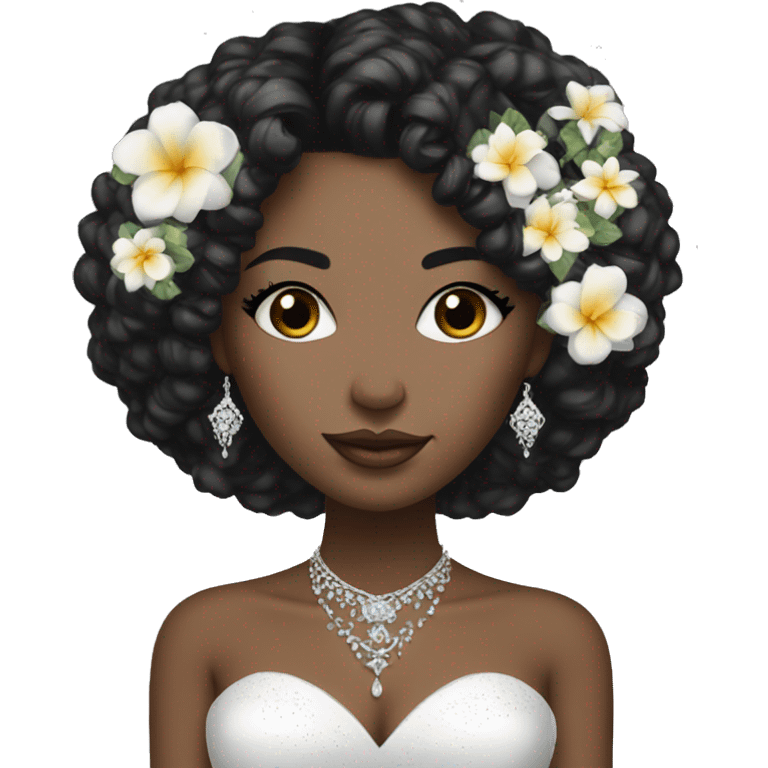 African bride. Glitter makeup. Short black curly hair. Silver jewelry. Holding flowers. Eyes closed. emoji