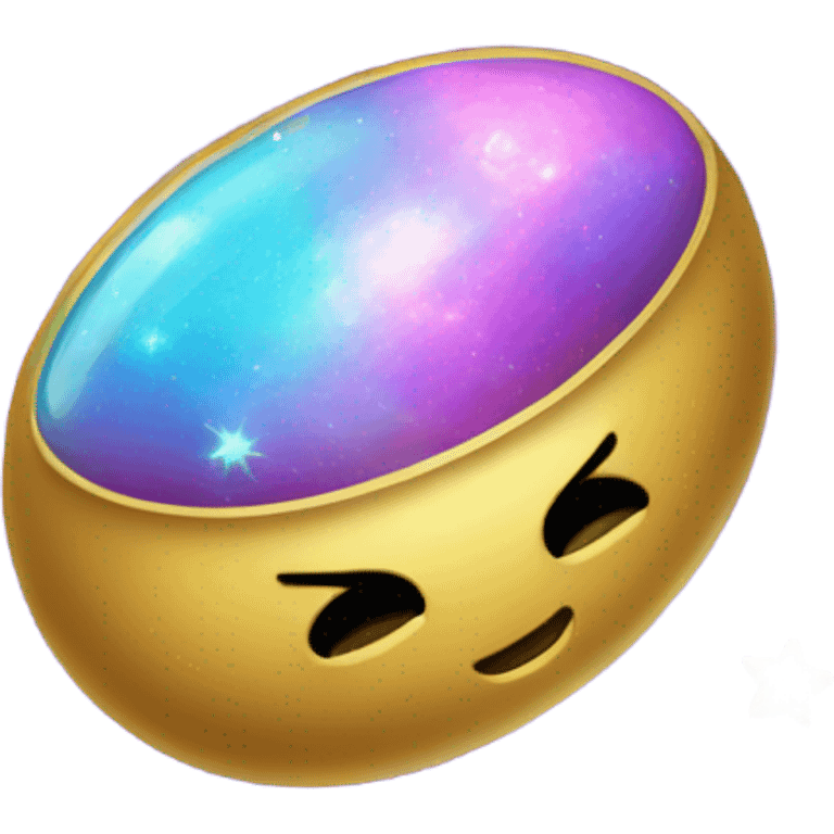 A glowing magical pill emoji with a golden outline and a swirling galaxy inside it. Tiny stars and planets orbit around it, and the background is a deep space scene with colorful nebulae. emoji